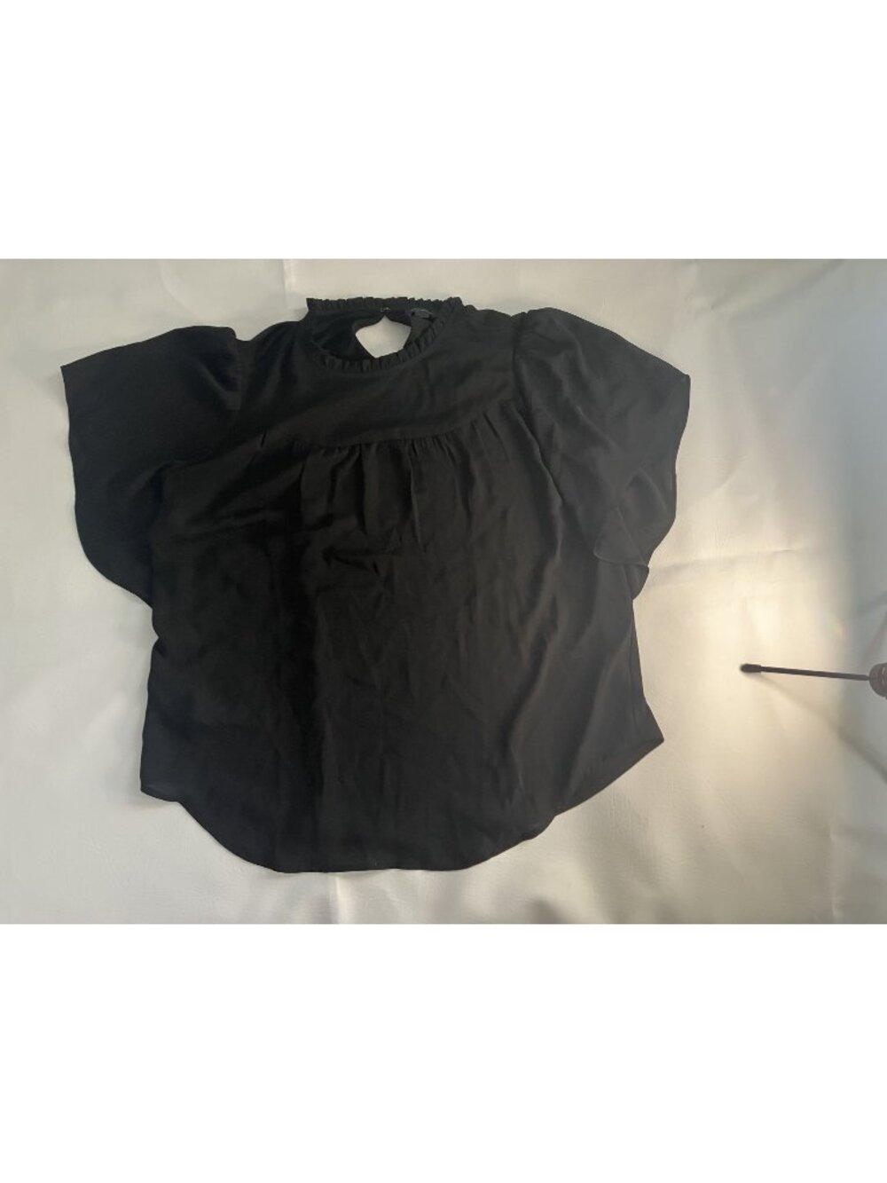 Ann Taylor Black Flutter Sleeve Top With Ruffle Neckline Polyester/Spandex Blend